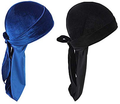 2pcs Velvet Durag for Men Women, Long Tail Durag Headwraps Cap Pirate Bandanas Turban for 360 Waves (Blue + Black)