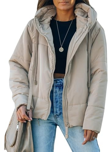 Dokotoo Fashion Winter Clothing for Women Windbreaker Autumn Full Zipper Front Drawstring Hooded Bomber Puffer Jacket Baggy Short Coats for Women Warm Comfy Soft Outerwear with Pockets Beige Small