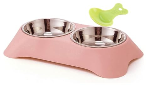 Doppia ciotola per cani, antiscivolo, anti-fuoriuscita, in acciaio inox, con 1 spoop per cibo per animali domestici, per cani e gatti di piccola taglia (S, rosa pesca)