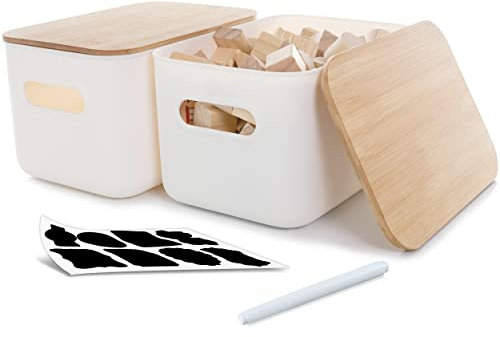 Kerhouze 2 Stück Aufbewahrungsbox mit Deckel Bambus für Badezimmer, Kunststoff Aufbewahrungskorb, Stapelbare Kleine Vorratsdose mit Griffen für Küche Schlafzimmer 26 * 17.8 * 15.5cm, 6.5L (Weiß)