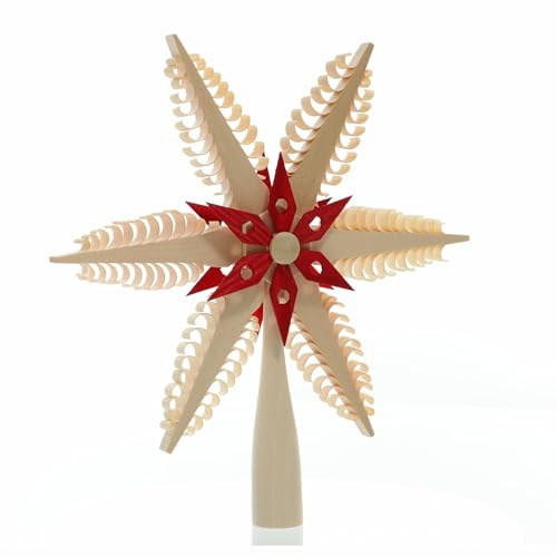 Rudolphs Skattkista, träddekoration, julgransspets röd/natur, mitten med trästjärna (på båda sidor), B x H x D = 20 x 21 x 3 cm, ny julgransspets, träspets