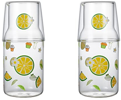Firlar Set di 2 caraffe da comodino da 300 ml con bicchiere in vetro per comodino, in vetro trasparente, caraffa per acqua notturna con tazza, bottiglia per collutorio in vetro