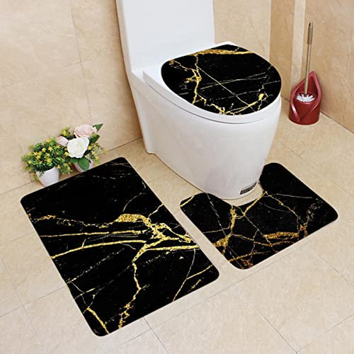 Badematten & Badteppiche Set 3 Teilig Schwarz Gold Mikrofaser Flauschige Marmor Muster Badezimmerteppich WC Vorleger mit Ausschnitt Waschbar rutschfeste Badvorleger Toilette Teppich (Schwarz, 3pc)