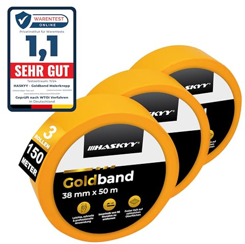 HASKYY Goldband Malerkrepp Kreppband 3x Malerband 38mm x 50m Profi Abdeckband Malertape Klebeband Washi Tape Gold Papiertape Selbstklebend