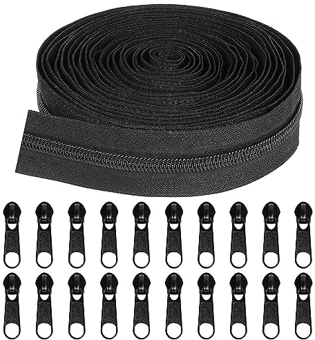 TBACW 5 Yards Bulk Zipper #3 Zippers for Sewing,#3 Black Nylon Coil Zipper by The Yards Replacement with 20PCS Sliders for DIY Sewing Craft Bags (Black)