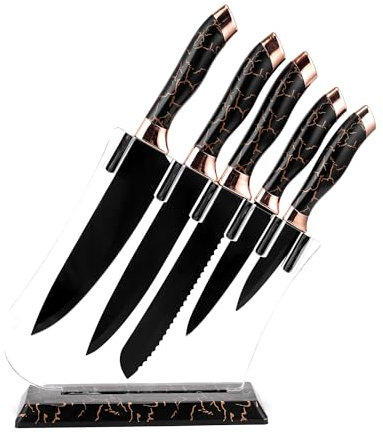 axury Kitchen Knife Set, Marbled Double Plated Head 5-Piece Knife Set with Knife Holder, Utility Bread Knife, Carving Knife and Culinary Chef's Knife (Marble Kitchen Knife)