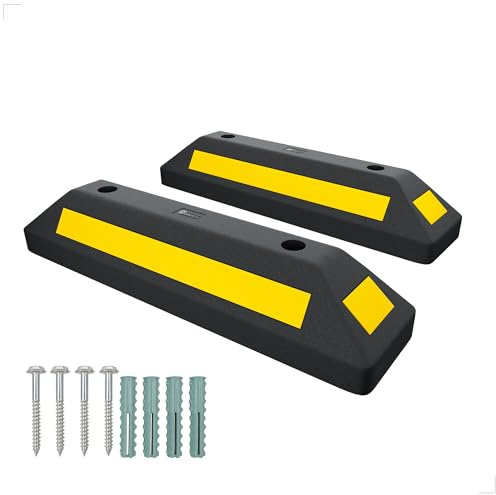 Berry PVC Parking Wheel Stopper | 57CM Wheel Stop with Yellow Reflective Stripes, Includes Screws and Anchors | Parking Curb for Car Parks, Garages | Parking Target Block for Car, RV, Truck (2 Pcs)