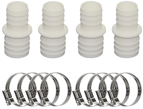 HAF 4 x slanganslutningar med 32 mm x 38 mm | slangmunstycke x slangmunstycke | Anslutning inkl. 8 klämmor i rostfritt stål | adapter av vit polypropen | PN2,5 för poolfittings, poolslang och