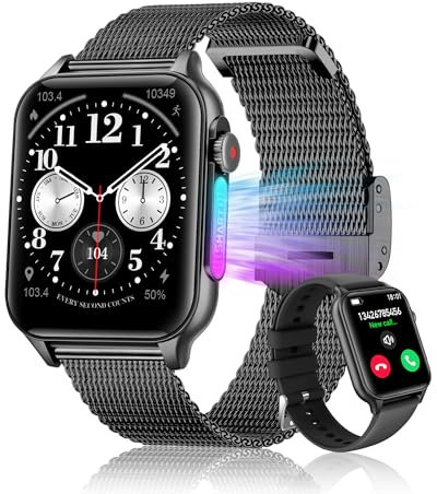 Smartwatch für Herren Damen: Fitnessuhr Smartwatch for Men,wasserdichte Smartwatch Uhren für Sportuhren Kinder mit 2 Armbändern Kompatibel Samsung iPhone (Schwarz)