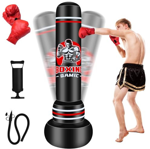 QAMIC Schwerer Boxsack Stehend Erwachsene, 180cm Standboxsack Erwachsenen mit Boxhandschuhen und Luftpumpe, 0,5 mm dickem PVC-Material Standboxsack für MMA Muay Thai Fitness Anfänger Training