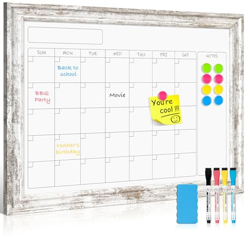 QUEENLINK Monthly Dry Erase Calendar Whiteboard for Wall, 24 x 18 Magnetic White Board Calendar Board - Rustic Vintage Wooden Frame