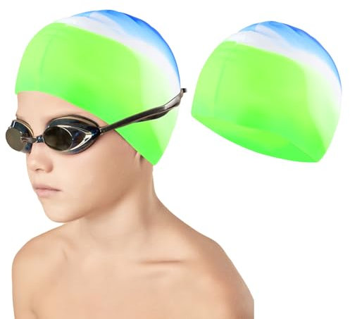 Badekappe für Kinder 4-12 Jahre Bequeme Silikon Schwimmkappe für Jungen mit Langen und Kurzen Haaren Wasserdicht Bademütze Schwimmhaube Kinder Anti-Rutsch Swimming Cap Rosa und Weißer Farbverlauf