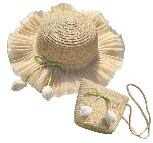 HIMKI Strohhut mit Kleine Tasche-Set Neuer Sommer Sonnenhut für Mädchen, Kinderstrohhut Süßer Strandhut mit Blumendeko für den Urlaub Reise Outdoor, Kopfumfang: 53-55 cm (Beige-B)