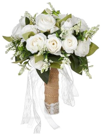 KiBcsLic Ramo de Novia con Rosas Artificiales para Centro de Mesa de Y Arreglos Florales para Celebraciones, Luz Blanca, Individual