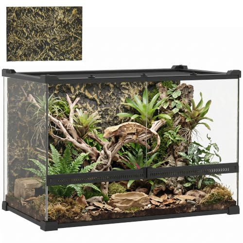 PawHut Reptile Glass Terrarium, Reptile Vivarium with Stone Background, Front Ventilation, Escape-Proof Knob Lock, Glass Enclosure for Lizards, Horned Frogs, Snakes, 50 x 30 x 35 cm, Black
