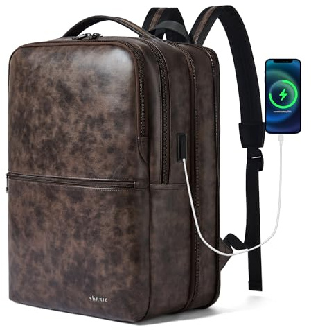 Shrrie Ryggsäck i veganskt läder bärbar dator för kvinnor och män, 16 tums expanderbar ryggsäck med USB-laddningsport, Brun, M, Klassisk