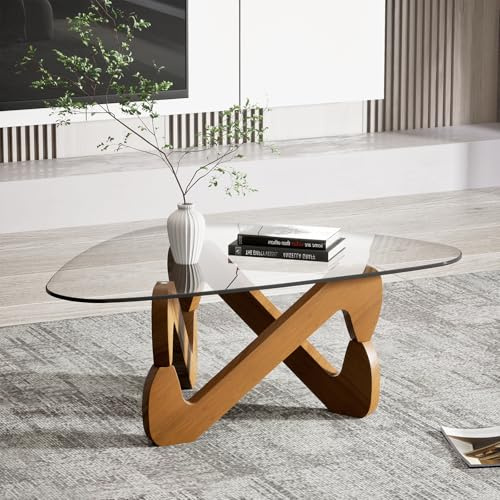 Mesa de centro de cristal triangular, mesa de centro moderna con base triangular de madera maciza y vidrio templado grueso, mesa auxiliar, mesa de café elegante para sala de estar oficina, 82 x 57 x