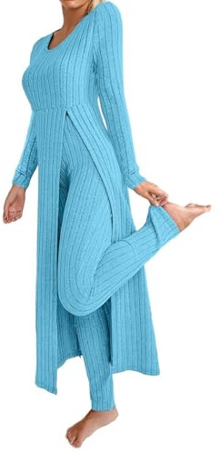 KBOPLEMQ Tuta da donna in due pezzi, a maniche lunghe, a coste, top e leggings, set da due pezzi, per il tempo libero, casual, da jogging, a maglia, pantaloni lunghi, O celeste, S