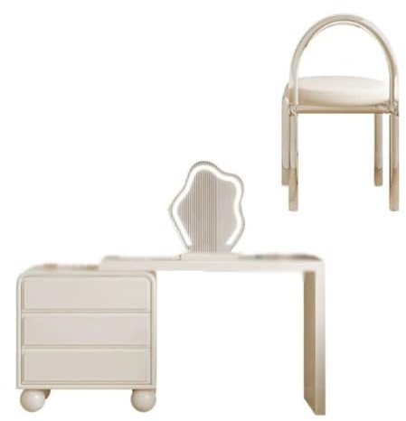 Escritorio reversible de maquillaje con espejo iluminado, 3 opciones de color, elegante armario lateral y taburete, tocador perfecto para dormitorio para un aspecto glamuroso