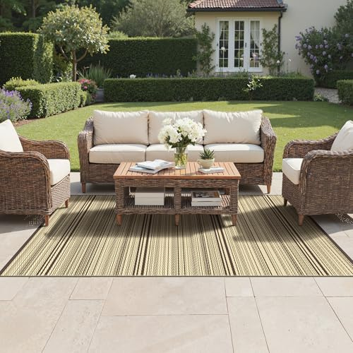 GENIMO Tappeto per Esterni 5x8 FT (150x240 cm), Impermeabile Reversibile con Strisce Beige e Marrone per Giardino, Terrazza, Salotto Esterno – Design Moderno Naturale