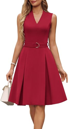 GRACE KARIN Vestido elegante sin mangas para mujer, cuello en V, con cinturón, largo hasta la rodilla