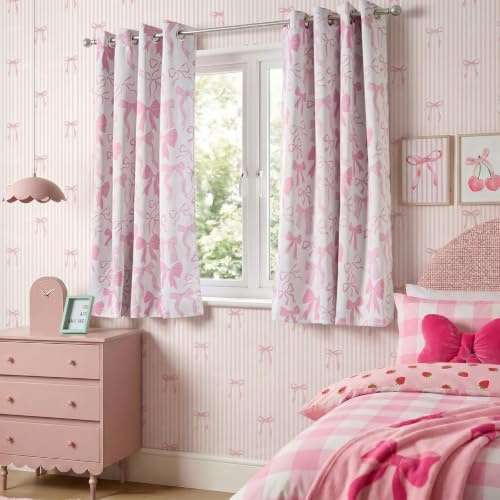 OHS Pink Bow Kids Blackout Curtains Thermal Insulated 46 x 54 2 Panels