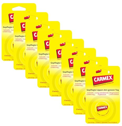 Carmex Classic Tiegel - Lippenpflege für trockene Lippen - Lippenbalsam rissige Lippen - Lip Balm feuchtigkeitsspendend & beruhigend mit Vaseline, Vitamin E und Bienenwachs - 8 Stück x 7,5 g