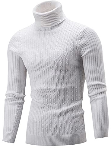 AIDEAONE Maglione Dolcevita da Uomo Maglione Lavorato a Maglia Slim Fit a Coste Casual Girocollo Alto Pullover Dolcevita Basic Bianco