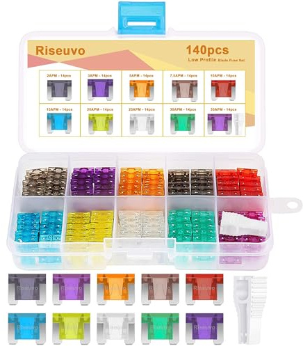 Riseuvo 140 Pcs Low Profile Mini Fuse Kit - Automotive Blade Fuses Assortment Kit for Car, Truck, RV, Boat with Fuse Puller (2A 3A 5A 7.5A 10A 15A 20A 25A 30A 35A)