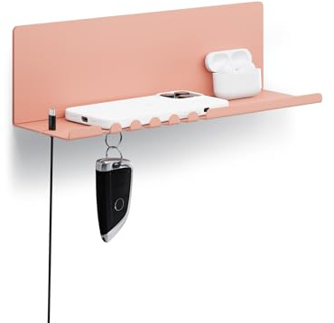 Byde Helke - Mensola da Parete, 30x9x9 cm, 5 Ganci e Porta Cavi, In Lamiera di Acciaio Verniciato a Polvere, Organizer per Chiavi e Lettere per Ingresso, Corridoio, Cucina, Ufficio, Colore Beige Rosso