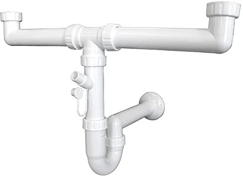 Sanixa GO1006ss - Sifone doppio in bianco, salvaspazio, con attacco universale da 1 1/2 e attacco per elettrodomestici per cucina e bagno