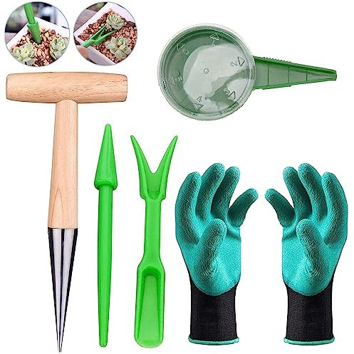 Plantador de Bulbos, Juego de Palitos de 5 Piezas con Madera para Pinchar, Sembradora, Sembradora y Guantes