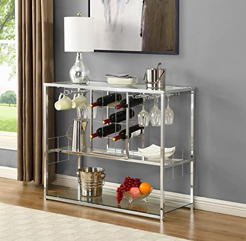 Bar Serving Cart Mobile Wine Rack Table with 3-Tier Shelves, Beverage Service Cart with Wine Rack and Glass Holder, Drink Coffee Serving Bar Trolley with Wheels, for Living Room, Cherry (39*15*32)