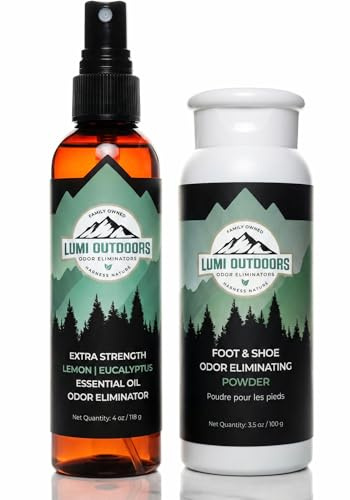 Lumi Outdoors Natural Shoe Deodorizer Spray and Foot Powder Bundle - Lemon Eucalyptus and Foot Powder