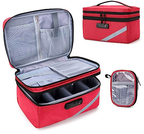 Trunab Kleine Medizinische Tasche mit Zahlenschloss, Abschließbare Medikamenten-Reisetasche mit Minitasche für Zuhause, Reisen, Notfall, Rot(Leere Tasche), Patentiertes Design