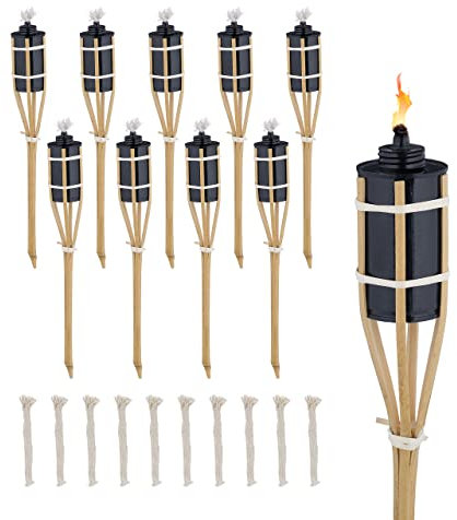 Relaxdays Torche de Jardin en Bambou, lot 10, décoration pour fête, avec mèches supplémentaires, 40x6 cm, Nature