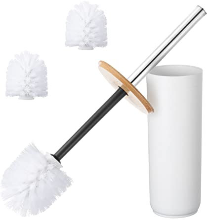 Kinsinder Toilet Brush and Holder with Bamboo Handle with 3 Brush Heads, Bathroom Toilet Cleaner Brush Modern Design Deep Cleaning Toilet Bowl Brushes (White)