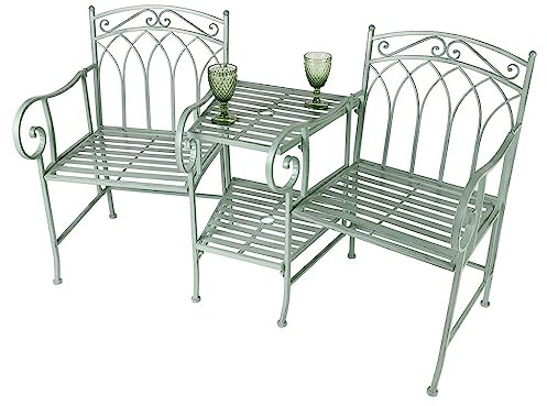 Dibor 2 Seater Garden Bench with Table Green Vintage Style Garden Sofa Patio Set Tete-A-Tete Jack and Jill Love Seat Patio Balcony Lawn Decking Furniture