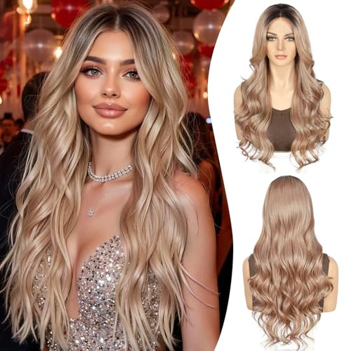Sapphirewigs Rose Gold Lace Front Perücke Synthetische Körper Welle Perücken für Frauen Balayage Perücke Damen Party Datum Täglich Tragen Natürlich Aussehen Weihnachten 26 inch
