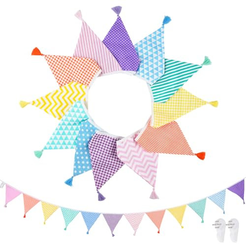jwogngls Wimpelkette Outdoor mit Quasten, 3m 12 Flaggen Wimpelkette Stoff, Beidseitig Wetterfest Wimpelgirlande, Wiederverwendbare Wimpel für Hochzeits, Geburtstag Party und Kinderzimmer