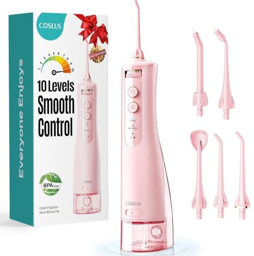 COSLUS Cordless Water Flosser & Dental Pick for Teeth, Braces, Gums Care - Advanced 10 Pressure Settings for Multiple Users, Rechargeable, Portable for Travel, BPA-Free, Pink, E40(WFP14)