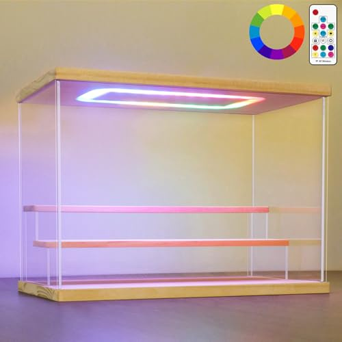 NONEMEY Vitrine pour Collection en Acrylique Transparente avec Éclairage LED RVB Télécommandé – Présentoir Anti-Poussière 2/3/4/5/6 Niveaux pour Figurines et Lego (Bois, 3Tier-31.5x18x23cm)