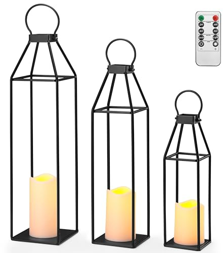 Perfnique Set of 3 Black Metal Lanterns w/ Waterproof Flickering Flameless Candle & Remote Timer, Modern Farmhouse Lanterns Decorative for Outdoor, Front Porch, Indoor, Patio, Garden, Fireplace