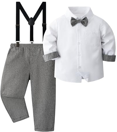 Volunboy Baby Boys Gentleman Suit, Toddler Formal Bow Tie Shirts + Suspenders Pants 4PCS Outfit(18-24 Months,Tag Size 90,Dark Grey)