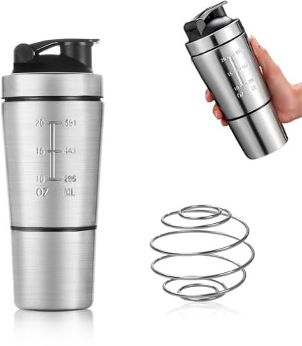 Shaker Borraccia Proteine Shaker Proteine Porta Proteine in Polvere Struttura Rimovibile Doppio Strato 600+200ml con Disco in Acciaio Inox per Frullati Proteine in Polvere Caffè in Polvere Verdure in