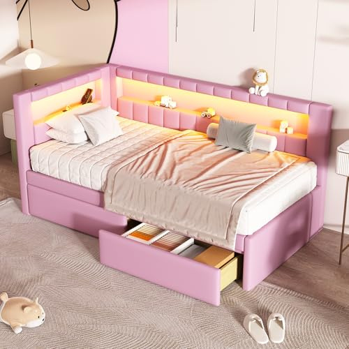 MKABAK Twin Size Daybed with Storage Drawers and L-Shaped Bookshelf Headboard, Linen Upholstered Soft Corner Bed with Shelves, Charging Station and LED Belt for Kids Boys Girls, Pink