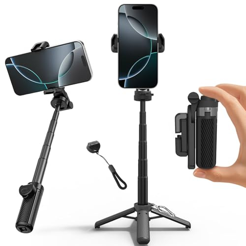 Robofun Handy Stativ Ständer, 360° Drehbar Bluetooth Selfie Stick Handy Griff Capgrip mit Fernbedienung, Ausziehbares Mini Stativ Handyhalterung für iPhone/Samsung/Android Smartphones