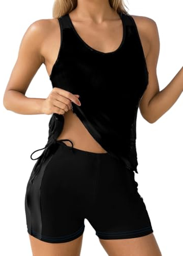 Dokotoo Women's Tankini Sets Two Piece Tops with Shorts Swimsuits for Women Bathing Suits Floral Printed Beach Vacation Clothes Tummy Control Swimwear Womens Swimsuit Black L