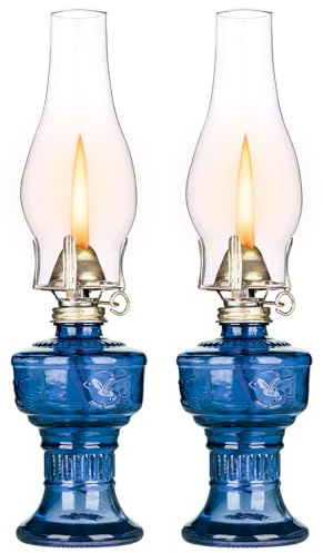 2PCS 32cm Chamber Oil Lamp Glass Kerosene Oil Lamps, Vintage Oil Lamps for Indoor with Adjustable Fire Wick Lighting Oil Lantern for Tabletop Decor and Emergency Lighting, 12.6 High (Blue)