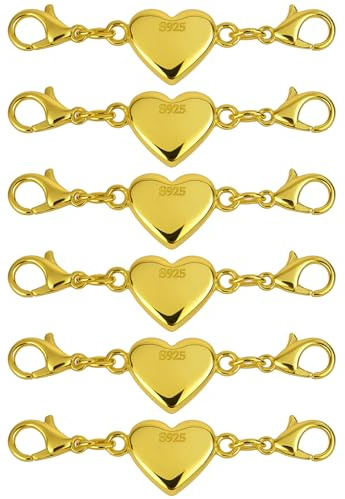 6 Unidades de Cadena de Plata de Oro 925 con Cierre Magnético en Forma de Corazón, Cierres de Eslabones de Bloqueo para Collar, Pulsera y Tobillera, Fabricación de Joyas DIY